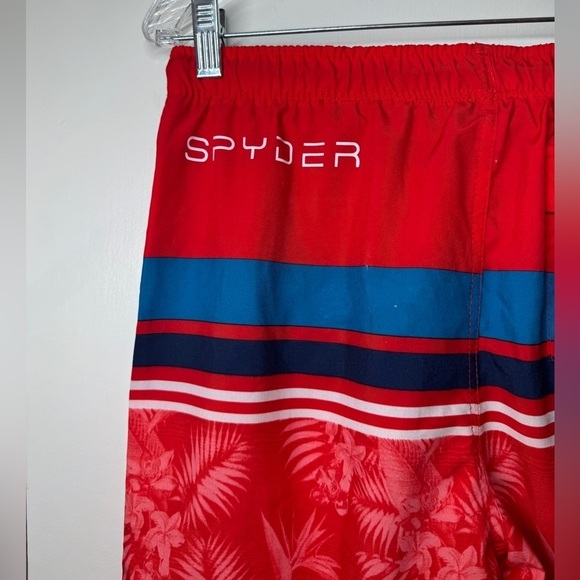 Spyder Boys Red Blue Striped Tropical Floral Drawstring Swim Shorts Size XL - Picture 10 of 15